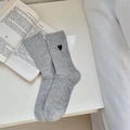 Grey ribbed crew socks with black heart embroidery in a minimalist aesthetic style - One Size / Gray