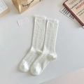 Sweet white Lolita style knee high socks with hollow lace trim and elegant dot texture - Wave Dot Pattern