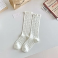 White Lolita-style knee-high socks with delicate heart lace mesh and ruffled cuffs - Heart