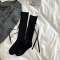 Black ribbed knee-high socks with sweet ribbon bows, Japanese style calf socks - Black