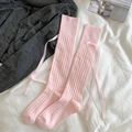 Pink calf-high socks with vertical ribbed texture and decorative silk satin ribbons - Pink