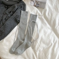 Grey ribbed knee-high socks featuring light blue ribbon bows in a sweet Japanese style - Gray