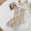 Beige crew socks with vertical stripe texture and elegant lettuce edge ruffles - One Size / Dark Khaki