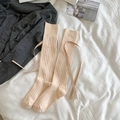 Japanese style beige calf socks with vertical ribs and sweet decorative silk ribbons - Khaki
