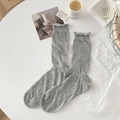 Light gray cotton mesh crew socks with ribbed texture and ruffled cuffs in Japanese style - One Size / Light Gray