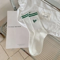 Calze bianche in cotone con strisce verdi e ricamo Three in stile giapponese retrò - Taglia unica / Striscia Verde