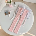 Jambières en tricot rose avec nœuds en ruban style balletcore doux pour femmes - Taille unique / Rose