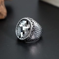 Men's vintage cross ring in antique silver finish with textured geometric detailing - J265 Cross Star