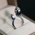 Vintage silver open ring with praying hands and engraved design on velvet jewelry box - J304 Hands Clasped Together