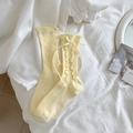 Sweet light yellow mid-calf socks with ruffle trim and ribbon bow detail in rib knit style - Yellow / One Size
