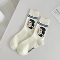 Artistic mid-calf cotton socks in cream with abstract face design and orange accents - One Size / White Cuff - Abstract Face