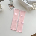 Pink rib-knit leg warmers with 3D butterfly appliques and ruffled edges in balletcore style - One Size / Pink