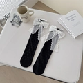 Black mid-calf socks with white lace bows and polka dot mesh in Japanese sweet style - One Size / Black