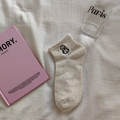 Off-white speckled knit short socks featuring a cute black dog embroidery detail - White Puppy