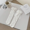 Sweet white mid-calf socks with delicate lace bow and pointelle mesh pattern in JK style - One Size / White
