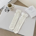 Sweet white lace bow mesh crew socks in cream white with breathable hollow knit texture - One Size / Milky Yellow