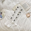 White Lolita knit knee socks with black silk bows and decorative white pearls - White Black Bowknot Pearl Style (XN328)