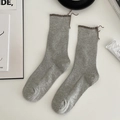 Gray ribbed mid-calf knit socks featuring dark brown rolled edges and bow tie accents - One Size / Gray
