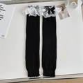 Jambières noires en tricot style Lolita avec dentelle blanche et nœud satiné - Noir avec bord blanc