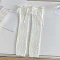 Calentadores blancos estilo Lolita con encaje delicado y lazos de cinta de satén - Blanco con lazo beige