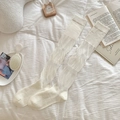 Chaussettes hautes beiges en maille côtelée avec un effet plissé de style coréen chic - Taille unique / Blanc Cassé