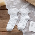 White Lolita lace trim socks with vintage floral jacquard pattern on a wooden background - One Size / White