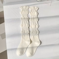 Japanese style white calf high socks with multi-layer lace ruffles and bubble design - One Size / Creamy White