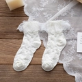 White Lolita lace trim socks with star pattern mesh fabric and sweet frilled cuffs - One Size / Beige
