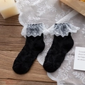 Japanese style Lolita crew socks with black floral jacquard and white lace trim - One Size / Black