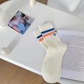 Calze bianche in cotone con strisce blu-arancio e un simpatico ricamo smiley blu - Strisce Blu Arancio