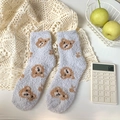 Blaugraue Korallenfleece-Socken mit Teddybär-Muster für gemütliche Wintertage zu Hause - Einheitsgröße / Grau