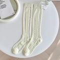 Japanese style beige floral lace knee-high socks with breathable hollow mesh design - White Plaid