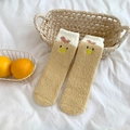 Thick warm coral fleece socks in light brown with a cute cartoon chick embroidery - One Size / Yellow