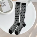 Sheer grey knee-high socks with black flocked polka dots and contrasting knit trim - Black Polka Dot