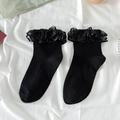Calze nere Lolita in cotone con volant in pizzo traslucido stile giapponese per uniformi - Nero