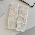 Crèmegebreide beenwarmers met roze strikken en ruches in schattige Lolita-stijl - Witte Basis Roze Strik