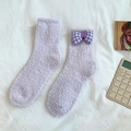 Thick light purple coral fleece socks with plaid bow detail for winter warmth - One Size / Purple