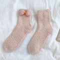 Chaussettes épaisses en polaire corail rose avec nœud à carreaux orange pour l'hiver - Taille unique / Orange