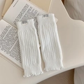White ribbed knit leg warmers with 'Goblin Mode' tag and subtle ruffled edges - White (291 White)