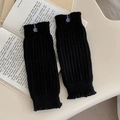 Classic black ribbed knit leg warmers with minimalist woven patch on vintage book - Graphic Logo Style / Black (292 Black)