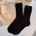 Classic black cable-knit crew socks for women featuring thick winter thermal fabric - One Size / Black