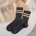 Thick dark grey wool blend socks with cable knit texture and white stripes - One Size / Dark Gray