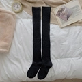 Thick black over-the-knee wool socks with vertical ribbed texture in a cozy home setting - One Size / Dark Gray