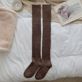 Dark brown ribbed knit over-the-knee wool socks with thermal thick texture for winter - One Size / Khaki