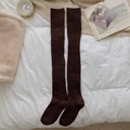 Deep coffee over-the-knee wool socks with vertical ribbed knit texture on white fabric - One Size / Dark Coffee