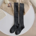 Deep grey knitted over-the-knee wool socks with vertical striped texture for winter - One Size / Dark Gray