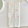 Jambières blanches en tricot côtelé ornées de jolis nœuds en satin rose clair - Blanc avec noeud rose