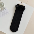 Schwarze Lolita-Kniestrümpfe aus Baumwollmischung mit Zopfmuster und Spitzen-Rüschenbesatz - Einheitsgröße / Schwarz