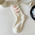 Sweet cream white mid-calf socks with pink velvet bows and ruffled edges in JK lolita style - One Size / White Base Pink Bow