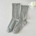 Light grey pointelle knit crew socks with ruffled edge and sweet hollow-out pattern - One Size / Gray